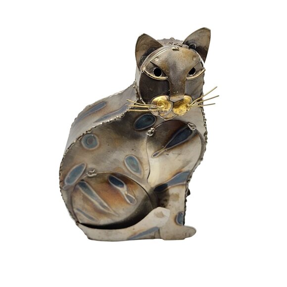 Vintage Handcrafted Metal Cat Sculpture Rare Art Piece Home‎ Decor 10in Tall - Picture 12 of 16